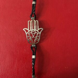 Hamsa Hand Black Leather Bracelet with Silver Charm